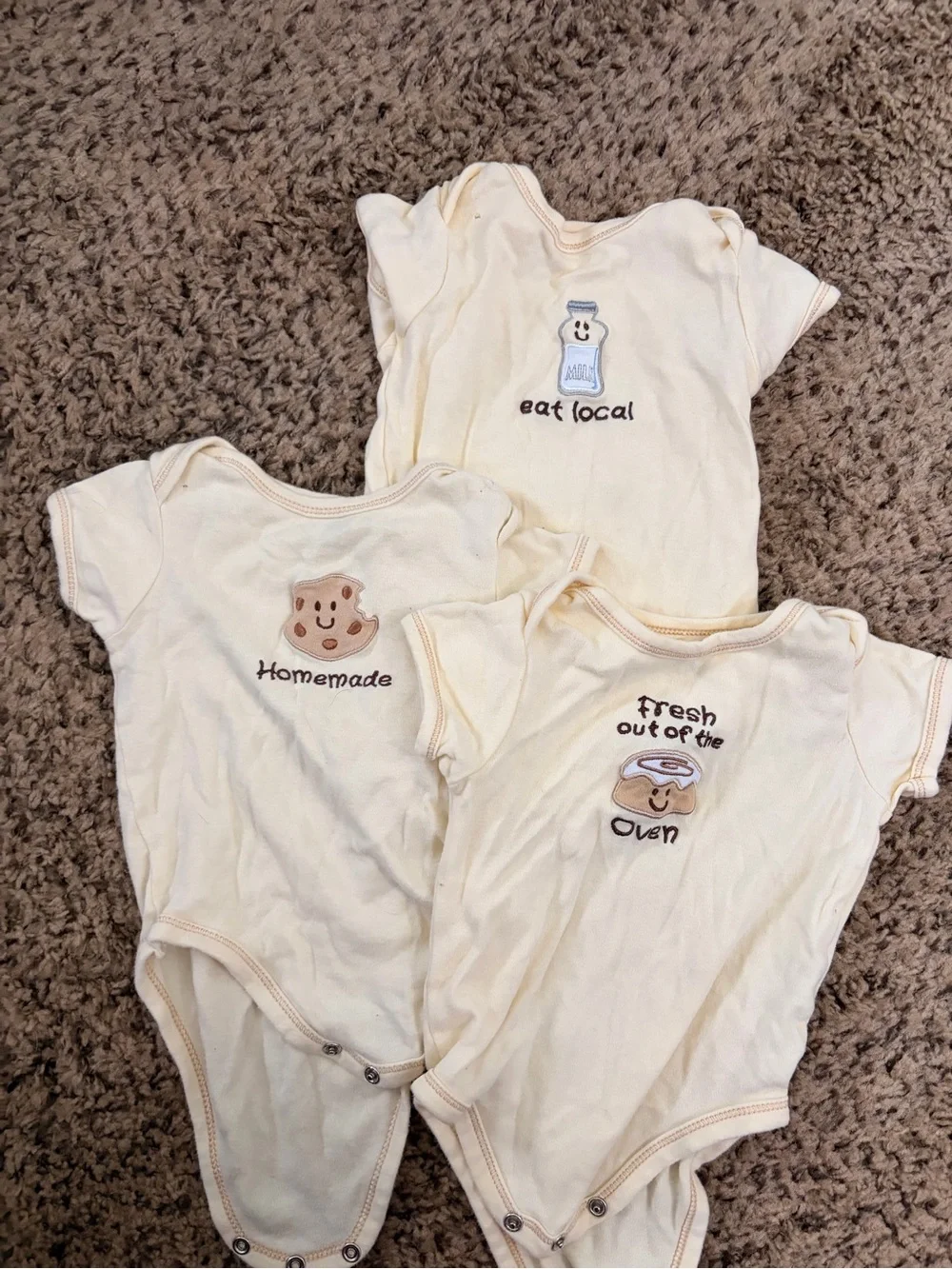 Cream Baby Bodysuit Set with Cute Food Embroidery - 3-Pack
